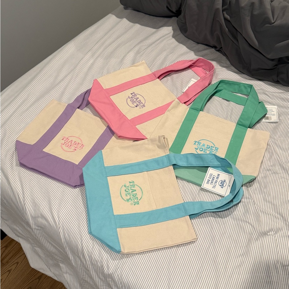 Trader Joe’s Spring Canvas Tote Bag Set - Pink, Green, Purple, Blue